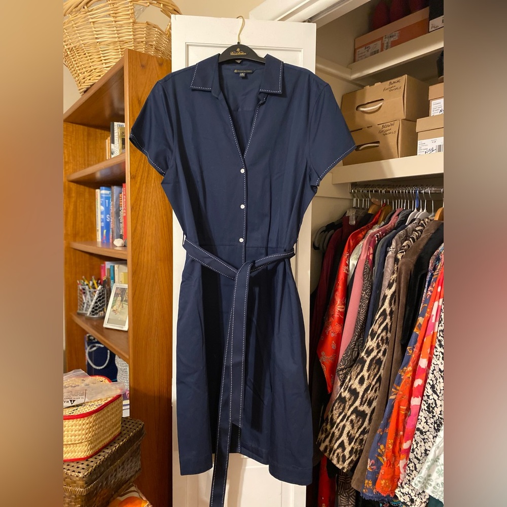 Brooks Brothers Navy Blue Shirt Dress with White Stitching Size 16 100% Cotton.